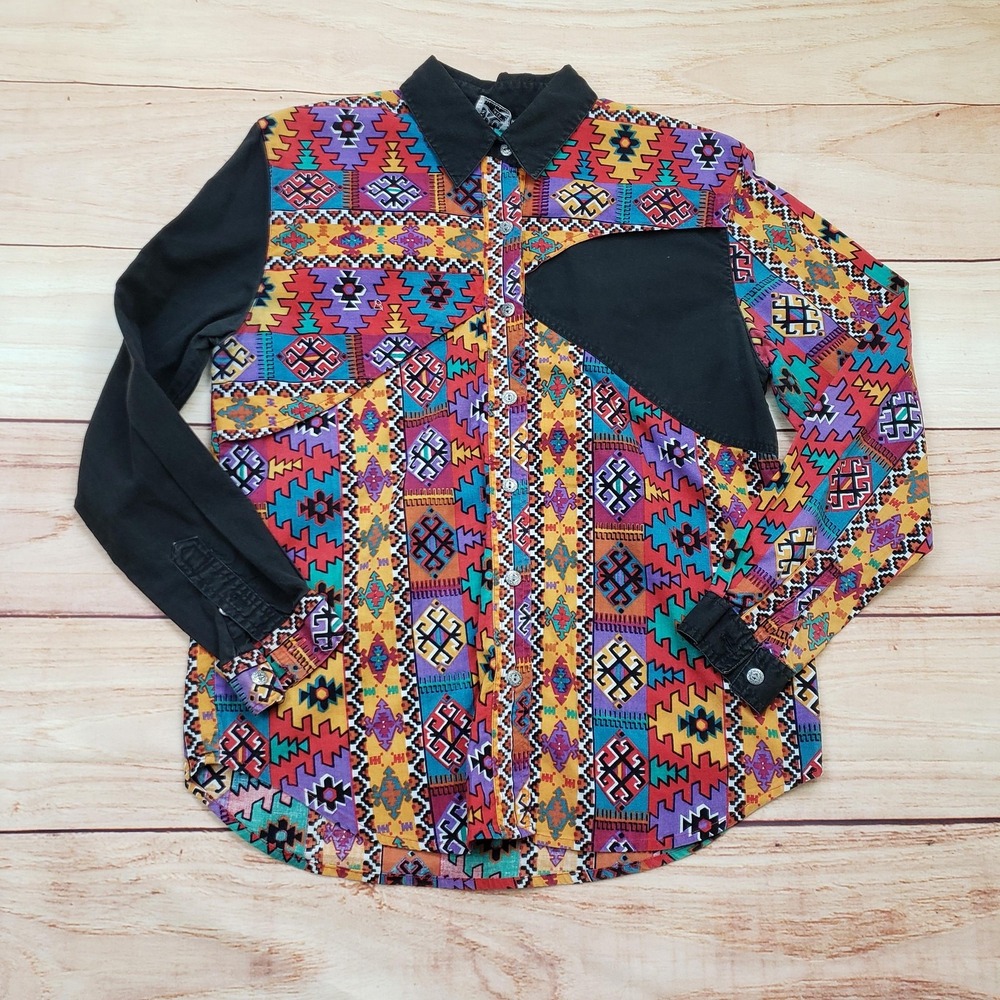 Rodeo Westernwear Shirt Womens Small Black Multicolor Aztec Western Button Up‎